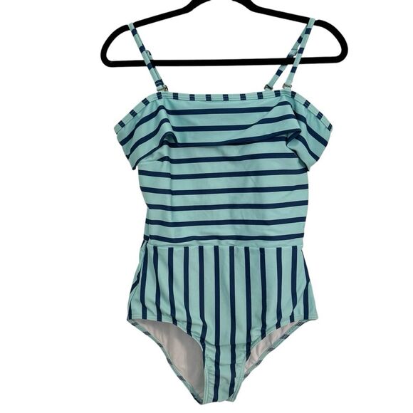 NWOT ModCloth Size MEDIUM Off the Shoulder Striped Blue One-Piece Swimsuit - Picture 3 of 7
